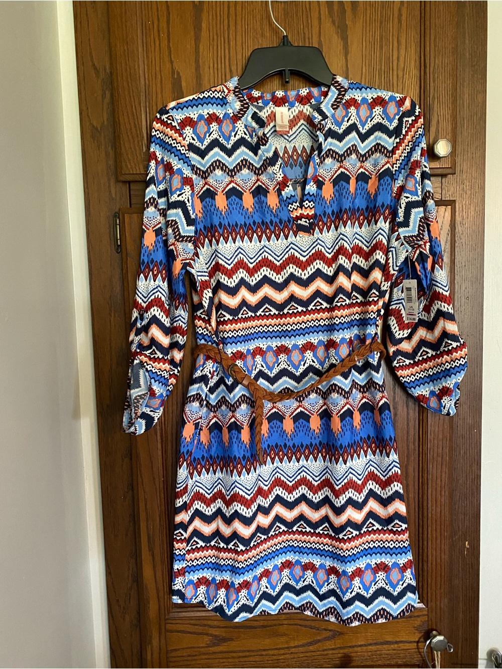 No Boundaries Blue Multi Zigzag Belted Mini Dress